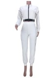 Fall Casual White Zipper Crop Top And Matching Sports Pants Set With Belt