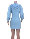 Fall Blue Lace-Up Zipper Long Sleeve Hoody Casual Dress
