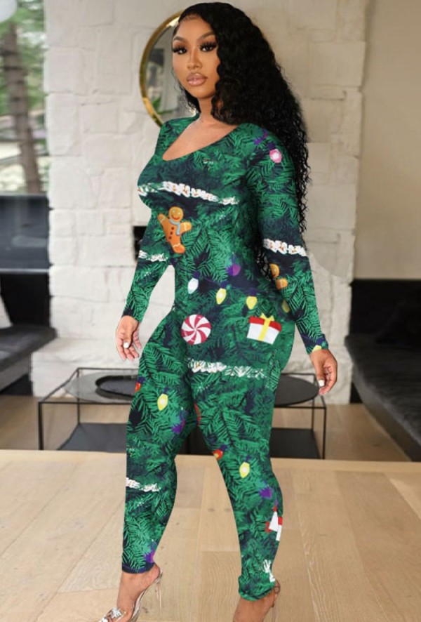 Winter Christmas Print Long Sleeve Hollow Out Jumpsuit