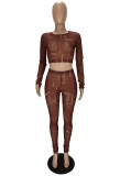 Fall Fashion Brown Line Print Long Sleeve Crop Top And Pant Two Piece Set