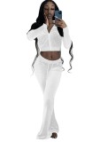 Fall Casual White Crop Top And Pants 2 Piece Velvet Tracksuit