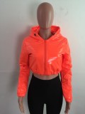 Winter Casual Orange Pu Leather Long Sleeve With Hood Short Jacket