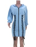 Fall Blue Lace-Up Zipper Long Sleeve Hoody Casual Dress