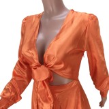 Fall Elegant Orange Wrap Tied Long Sleeve Evening Dress