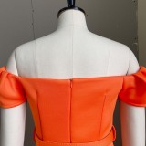 Summer Elegant Orange V-Neck Puffed Short-Sleeve with belt Long Dress