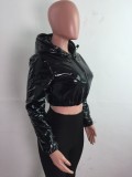 Winter Casual Black Pu Leather Long Sleeve With Hood Short Jacket