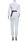 Fall Casual White Zipper Crop Top And Matching Sports Pants Set With Belt