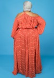 Fall Plus Size Orange Dot Print Irregular Collar Cut Out Long Sleeve Maxi Dress