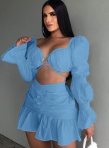 Fall Sexy Blue Sweetheart Puff Sleeve Crop Top And Ruched Mini Skirt Set