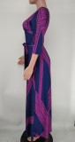 Fall Sexy Rosy Printed Wrap Neck Long Sleeve Maxi Gown with Belt