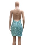 Summer Sexy Fashion Blue Chain Strap Sequin Midi Dress