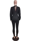 Fall Sexy Black V-neck Batwing sleeve Ruched High Waist Jumpsuit