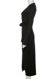 Fall Sexy Black V-Neck Long Sleeve Slit Long Dress