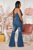 Fall Sexy Blue Straps Ripped Hole Flare Denim Jumpsuit
