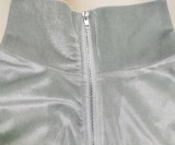 Fall Sexy Gray Velvet Zipper Turndown Neck Two Piece Tracksuits
