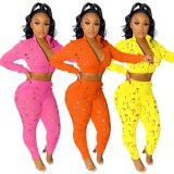 Fall Sexy Pink Hollow Out Zipper Long Sleeve Crop Top And Pant Two Piece Set