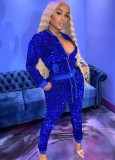Winter Fashion Blue Sequin Zipper Long Sleeve Top And Pant Set