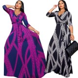 Fall Sexy Rosy Printed Wrap Neck Long Sleeve Maxi Gown with Belt
