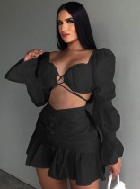 Fall Sexy Black Sweetheart Puff Sleeve Crop Top y conjunto de minifalda fruncida
