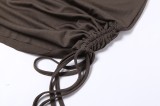 Fall Grey Rib High Neck Long Sleeve Tied Rope Dress