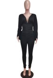 Fall Sexy Black V-neck Batwing sleeve Ruched High Waist Jumpsuit
