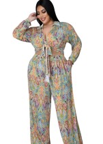 Fall Plus Size Sexy Floral Tie-Knotted Long Sleeve Blouse And Loose Pants Set