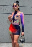 Fall Sexy Multi Color Printed Long Sleeve Crop top and Mini Skirt Set