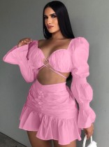 Fall Sexy Pink Sweetheart Puff Sleeve Crop Top y conjunto de minifalda fruncida