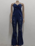 Fall Sexy Blue Straps Ripped Hole Flare Denim Jumpsuit