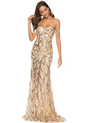 Summer Formal Golden Sequin Off Shoulder Long Evening Dress