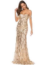 Summer Formal Golden Sequin Off Shoulder Long Evening Dress
