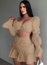 Fall Sexy Brown Sweetheart Puff Sleeve Crop Top And Ruched Mini Skirt Set