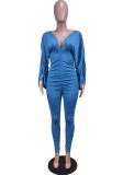 Fall Sexy Blue V-neck Batwing sleeve Ruched High Waist Jumpsuit