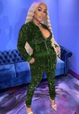 Winter Fashion Green Sequin Zipper Long Sleeve Top And Pant Set