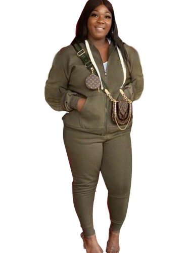 Fall Plus Size Casual Army Green Zipper Hoode Two Piece Tracksuits