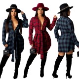 Fall blue plaid button Up front tied casual blouse dress