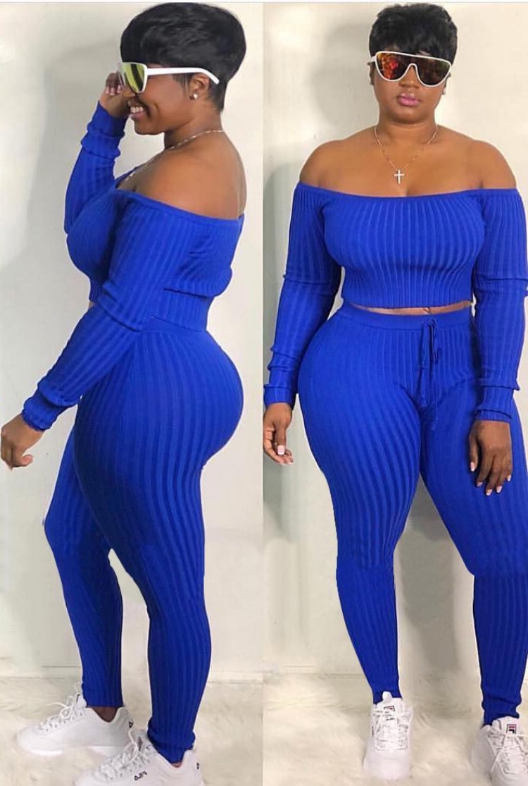 Wholesale Fall Sexy Blue Rib Off Shoulder Long Sleeve Crop Top And Pants Set Global Lover