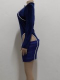 Fall Sexy Blue Velvet Round Neck Long Sleeve Cutout Bodycon Dress