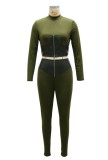 Fall Fashion Green With Pu Leather Zipper Crop Top And Pant Set