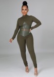 Fall Fashion Green With Pu Leather Zipper Crop Top And Pant Set