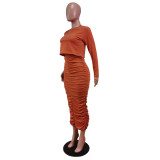 Autumn Pure Brick-red Long Sleeve Top and Ruched Long Skirt Set