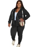 Fall Plus Size Casual Black Zipper Hoode Two Piece Tracksuits
