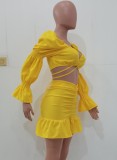 Fall Sexy Yellow Sweetheart Puff Sleeve Crop Top And Ruched Mini Skirt Set