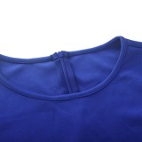 Fall Blue Print Round Neck Long Sleeve With Belt Midi Dress