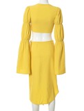 Fall Yellow Puffed Long Sleeve V-Neck Crop Top And Laceed Up Slit Dress Set