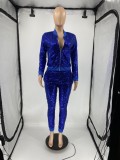 Winter Fashion Blue Sequin Zipper Long Sleeve Top And Pant Set