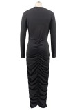Fall Sexy Black Long Sleeve Round Neck Crop Top And Long Dress Set