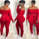 Fall Sexy Red Rib Off Shoulder Long Sleeve Crop Top And Pants Set