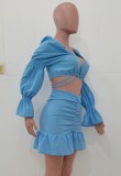 Fall Sexy Blue Sweetheart Puff Sleeve Crop Top And Ruched Mini Skirt Set