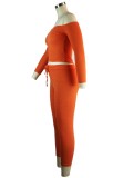 Fall Orange Rib Off Shoulder Long Sleeve Crop Top And Pants Set